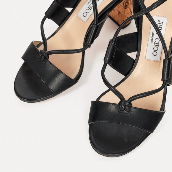 Jimmy Choo Margo Black Leather Crisscross Cork-Heel Sandals - Picture 6 of 9